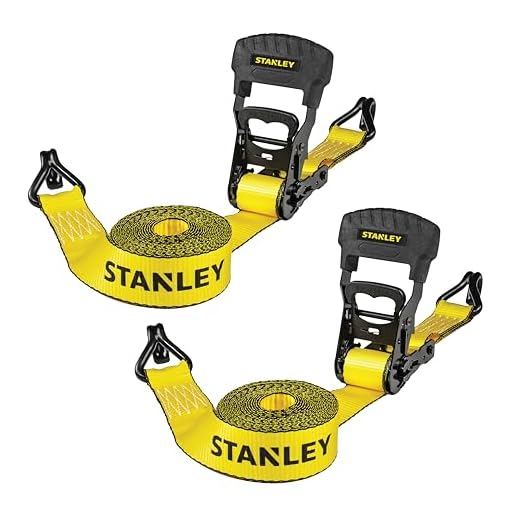 STANLEY S1007 Black/Yellow 1.5" x 16' Ratchet Tie Down Straps - 1,100 lb Safe Working Load / 3,300 lb Break Strength, 2 Pack