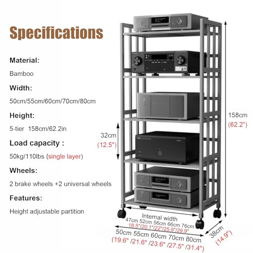 Home Mobile Audio Component Cabinet Rack, 2 3 4 5 Tier AV Media Stand with Height-Adjustable Shelf, Bamboo Stereo Entertainment Equipment Organizer(Color:5 Tier-158cm/62.2in,Size:W-70cm/27.5in)