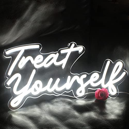 Image of Treat Yourslef Neon Signs White LED Letter Neon Light Sign USB Power for Wall Decor Bedroom Wall Birthday Party Christmas Wedding Decoration(16.5 * 8.7)