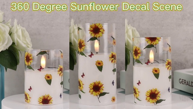 Image of Sunflower Glass Flameless Candles with Remote Timer Battery Operated LED Pillar Candles Real Wax 3D Wick Flickering Warm Light Wedding Dinner Holiday Spring Candle 3 x 4,5,6 Inches