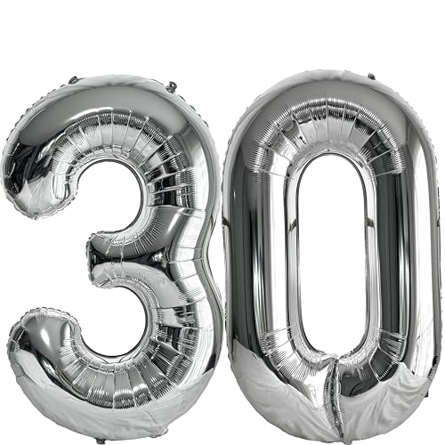 FIROMI 30 Number Balloons Silver Big Foil Mylar 30 Balloon Numbers 40inch