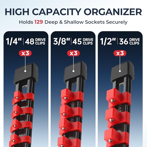 Image of Reniteco 9-Piece Socket Organizer Set - 1 /4-Inch x 48 Clips, 3 /8-Inch x 45 Clips, 1 /2-Inch x 36 Clips, Heavy Duty ABS Socket Holder, Premium Quality Socket Clip Rail Holder for Tool Box Drawer