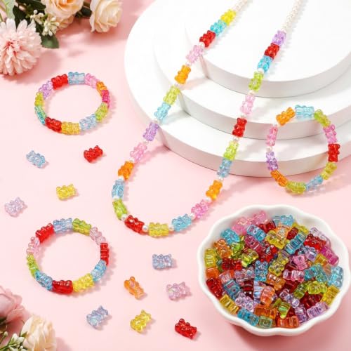 Image of PATPAT 200Pcs Clear Acrylic Bear Beads Kits for Bracelet Making Kit, 8*12mm Colourful Beads Jewellery Making Materials Kit for Bracelet, Necklace, and DIY Crafts, Cute Bear Charms for Jewelry Making