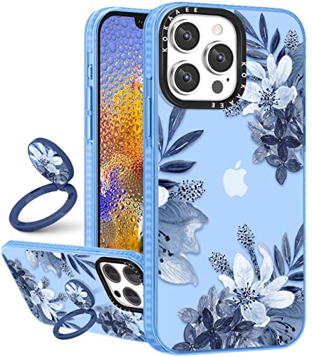 Kokaaee (2in1 for iPhone 14 Pro Case Flower Floral for Women Girls Girly Cute Phone Cases Blue Flowers Design Soft TPU Bumper Fashion Plants Cover+Ring Holder for iPhone 14Pro 6.1" - image 1