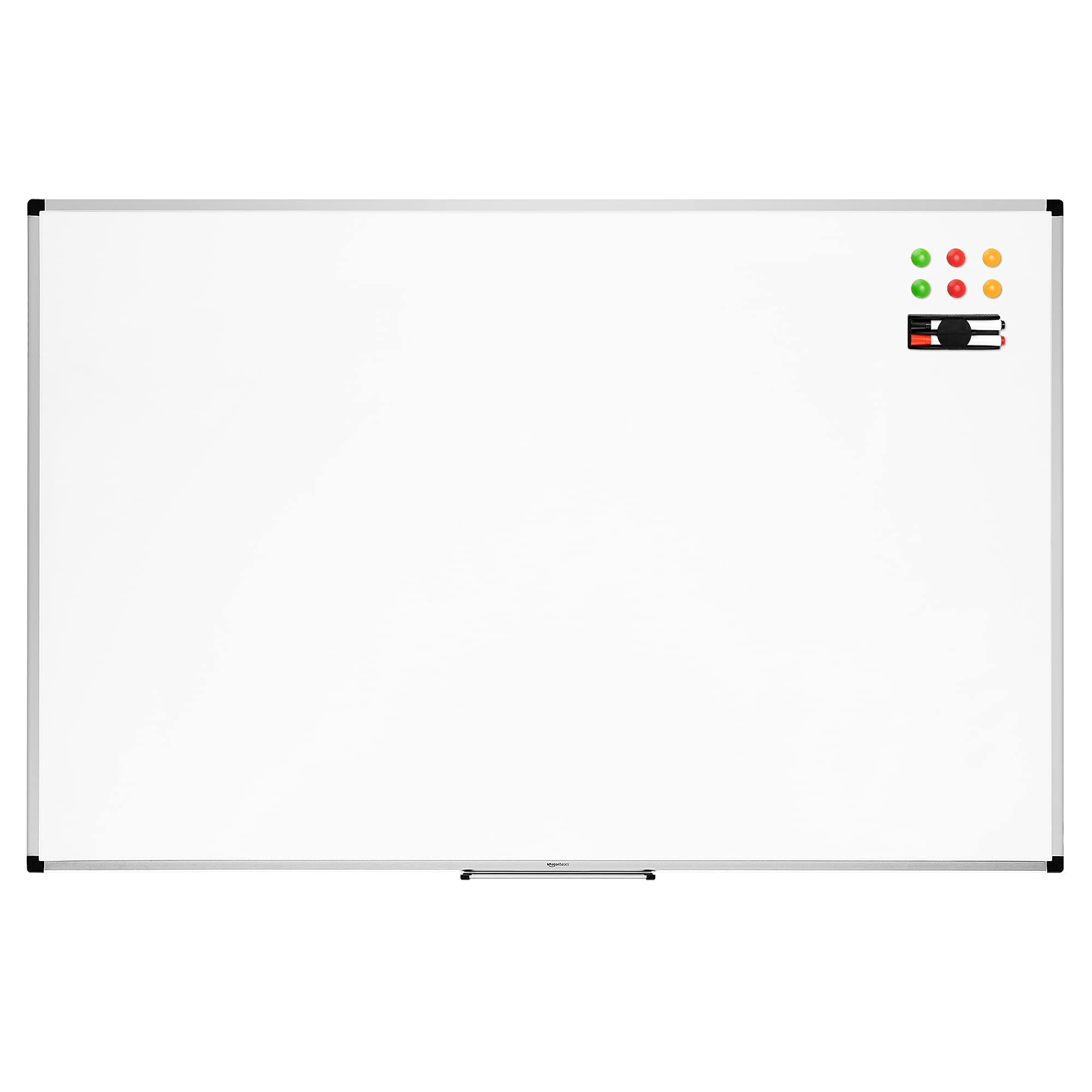 Amazon Basics Pizarra Blanca Magnética con Marco de Aluminio, Bandeja para Rotuladores, 6 Imanes, 1 Borrador y 2 Rotuladores para Uso en Oficina y Hogar, Montaje en Pared, Borrado en Seco, 90 x 60cm