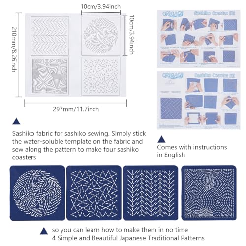 Image of FREEBLOSS 4 Set Sashiko Coaster Kit Water Soluble Embroidery Patterns Full Embroidery Kit Includes Sashiko Thread, Needles and Fabric Coaster Making Kit for Adults Embroidery Lovers