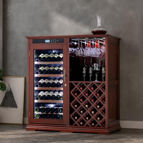 Image of KEIKI Freestanding Wine Refrigerator with Wood Cabinet, 69 Bottle Single Zone Wine Cooler, Humidity Control Tempered Glass Door, LED Light Lockable Pull-Out Shelves, for Home Bar Kitchen, Cherry