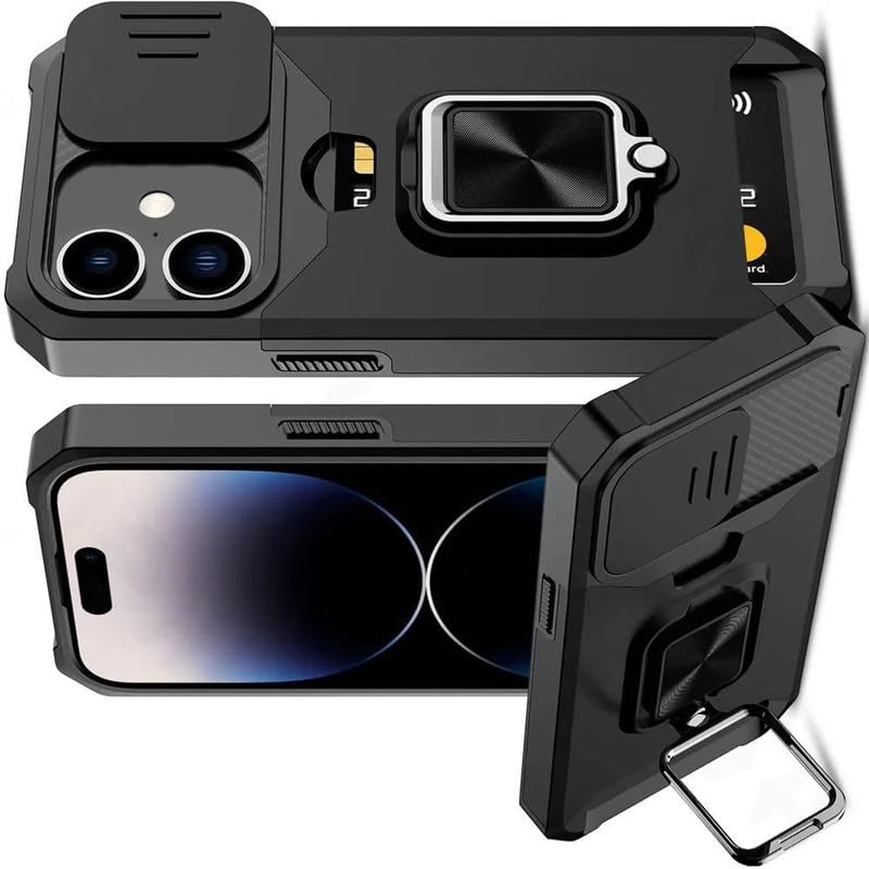 Image of LuxuryKase Shockproof Armor Case for iPhone 16 Plus | Slide Camera Cover | Hidden Card Slot | Rotating Ring Kickstand | Magnetic Car Mount Support | Military Grade Protection - Black
