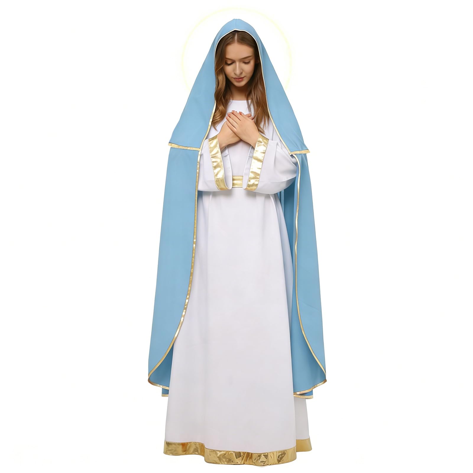 UniqKaliber Halo Virgin Mary Costume for Women Adults Nativity Christmas Costumes Suit Biblical Costume, White & Blue, L-XL - Image 6