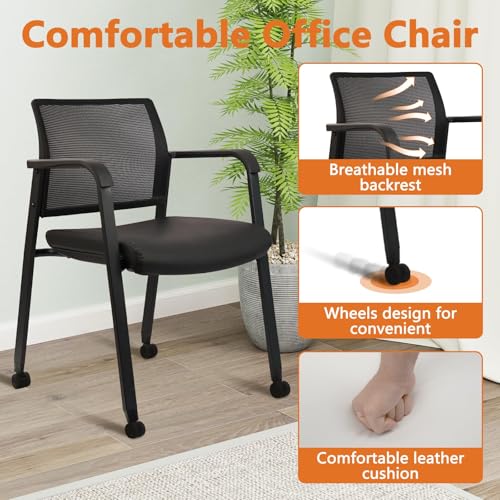 Image of CLATINA Mesh Back Guest Reception Stacking Chair with Wheels, Waiting Room Stackable Chairs with Upholstered Leather Seat & Ergonomic Lumbar Support for Office Conference School Lobby, Black, 8 Pack