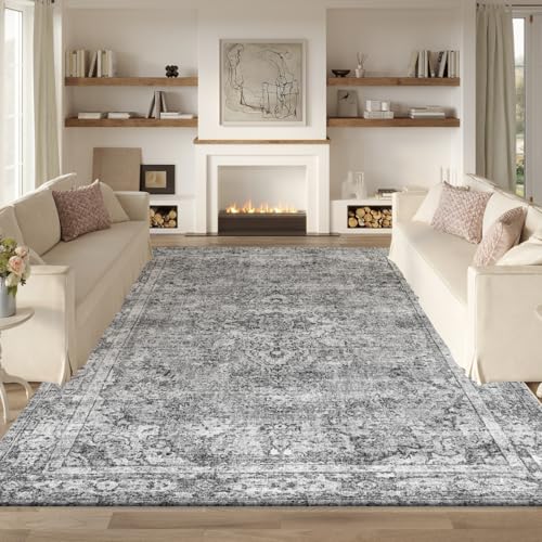 Area Rug 8x10 Gray Large Living Room,Machine Washable Rug,Stain Resistant Soft Thin Carpet,Boho Vintage Home Decor,Indoor Non-Slip Rugs,for Bedroom,Office,Farmhouse,Dining,Dorm