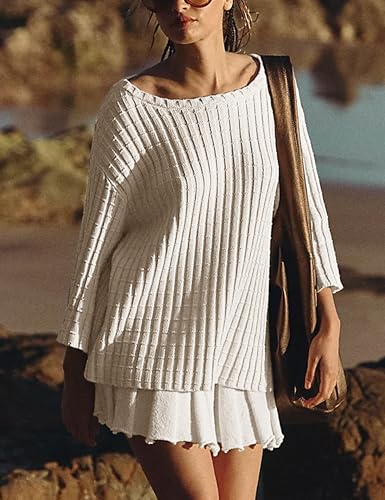Image of Sweater Set 2 Piece Skirt Sets for Women Two Piece Outfits Casual Loose Knit Pullover Mini Skirt