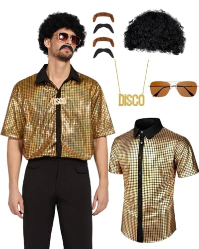 70er Jahre Disco Kostüm Set Hippie Herren Outfit mit Oberteile Brillen Falsche Bärte Halsketten Perücken 80s Fasching Bekeidung für 50s 60s 70s Cosplay Halloween Party (Gold, M)