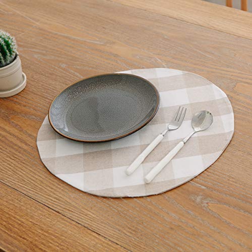 Beige & White Cotton Buffalo Check Plaid Gingham Round Placemat, Set Of 4, 15 Inch Eco-Friendly Fabric Handcrafted Machine Washable Indoor & Outdoor Tablemat #TOP4