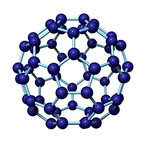 A molecular model of a C60 Fullerene molecule, resembling a soccer ball, with blue spheres representing carbon atoms and light blue lines representing bonds.
