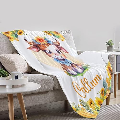 Image of Personalized Cow Baby Blankets for Boys, Custom Cow Gifts, Soft Lightweight Flannel Animal Sunflower Themed Print Throw Blankets for Bed, Sofa,Chair,50 inchx60 inch for Teens