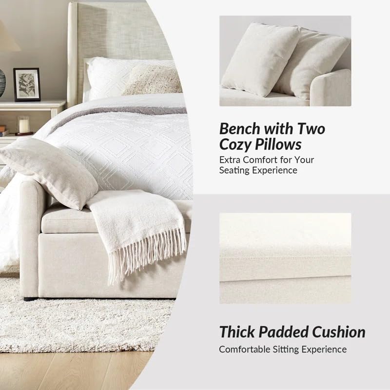 Image of Upholstered Storage Bench with Armrests | Fabric Sofa Bench with Hidden Storage & Cushions | Bedroom Living Room Entryway Seating | Modern Ottoman Bench Footrest End of Bed Bench | Beige