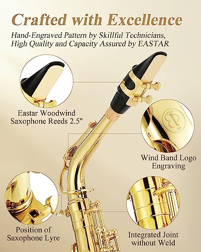 eastar professional alto saxophone golden e flat eb with cleaning kit carrying case mouthpiece neck strap reeds stand as-