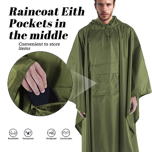 Accevo Regenjacke Regenponcho Grün, Regencape mit Kapuze 3 in 1 Multifunktional Atmungsaktiv Regenjacke Herren & Damen, Regenmantel Wasserdichter für Regenponcho festival, Camping, Wandern, Picknick.