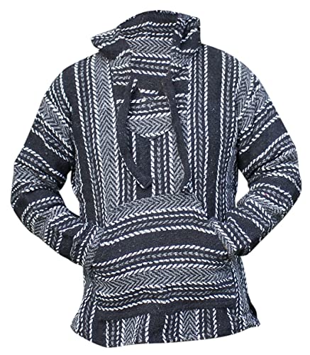 Del Mex Deluxe Mexican Baja Hoodie Sweatshirt Pullover Jerga Surf Poncho Drug Rug (Black/White, Medium)