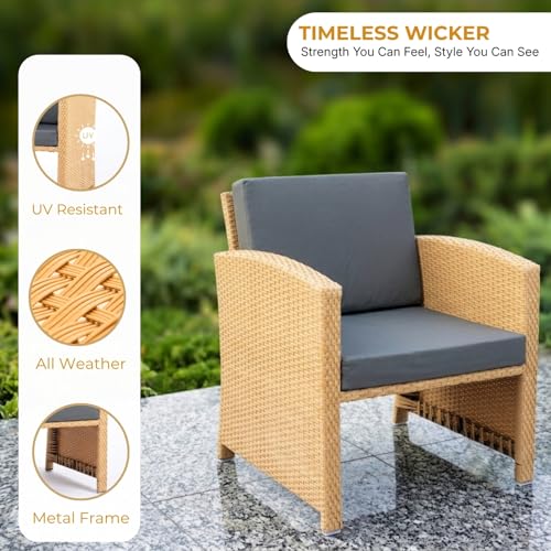 Image of DEVOKO Valencia Outdoor 5 Piece All Weather Rattan Wicker Patio Sofa Set with Water Resistant Cushioned Chairs with Glass Top Table & Ottomans for Garden, Pool, Porch, Backyard (Beige & Grey)