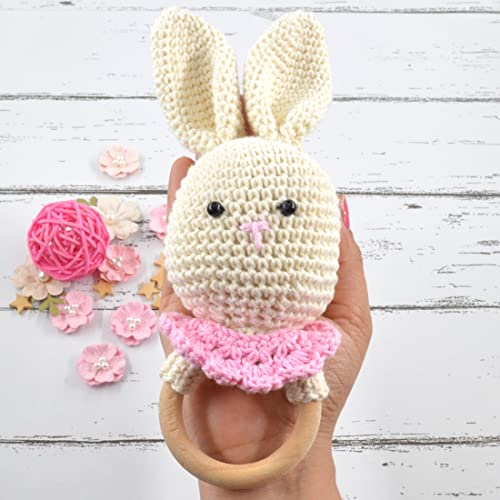 Image of Love Crochet Art Animal Shape Crochet Rattle Cum Soft Toy for Infant, Kids & Babies, Early Age Gift Toys (Ruffly Rabbit - Cream)