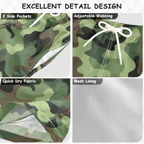 Camouflage Green Workout Shorts Youth Stretch Swim Shorts Drawstring Compression Liner Beach Hawaii Vacation 2T3