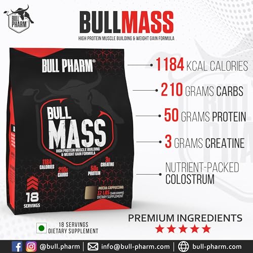 Image of Bull Mass Muscle Gainer Protein Powder | Increased Athletic performance | Strength | Weight Gain | Lean Muscle | FSSAI Approved (Mocha Cappuccino, 12 Lbs)