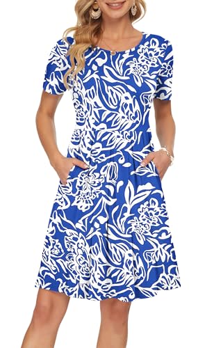 Image of AUSELILY Women's Short Sleeve Pleated Swing Summer Dress with Pockets | Knee-length short sleeve dress, empire waist & pockets, ideal for casual daily wear and vacation