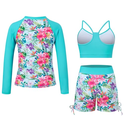 Image of Funnycokid Girls Swimsuit 3 Pieces Zip Rash Guard Bathing Suits Set Kids Bikini Boyshort Summer Swimwear 3-14 Years