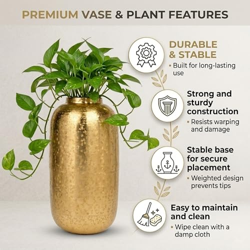 Image of INDIAN DECORMART Flower Vase | Flower Pots for Home Decor, Living Room, Bedroom, Office, Gifting, Colour Gold (IDM22240, 18x18x34 CM)