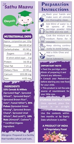 Image of TummyFriendly Foods Certified Organic Sprouted Sathu Maavu Porridge Mix. Made of Sprouted Ragi, Whole Grains, Pulses & Nuts. Organic Baby Food For 8+ Months Baby. Shelf-life 9 month-200g (SathuMaavu-200g)
