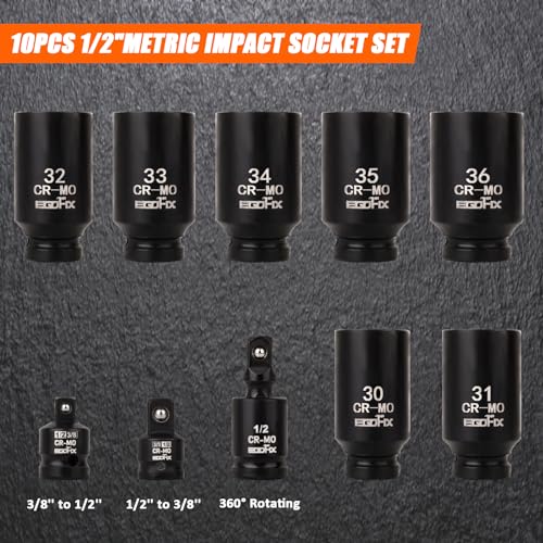 Image of 1 /2 inch Impact Axle Nut Socket Set 10 Pieces, Drive Deep CR-MO 6 Point 30,31,32,33,34,35,36mm Metric Socket, with 3 /8 inch - 1 /2 inch Socket Adapter Set, Universal Joint Socket
