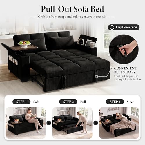 Image of Dreamzie 65'' Convertible Sleeper Sofa Bed with 90 Swivel Side Table, Chenille Pull Out Couch for Living Room, Loveseat Sleeper with Hidden Storage Space | Charging Port | Cup Holders, Black