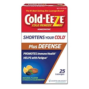 Cold-Eeze Plus Defense Natural Citrus with Elderberry Zinc Lozenges, Homeopathic Cold Remedy, Shortens Common Cold Symptoms, Promotes Immune Health with Sambucus Nigra, Echinacea and Rose HIPS, 25 Ct
