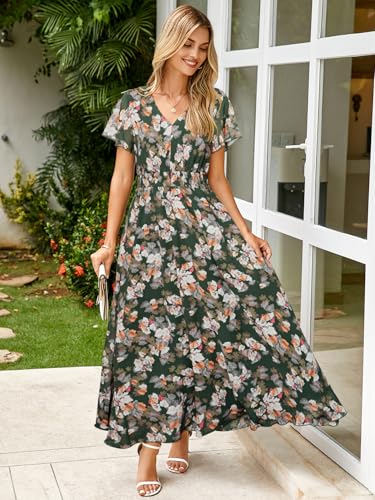Image of Simplee Womens Floral Maxi Dress - Short Sleeve Summer Boho Wedding Guest Dress Empire Waist Chiffon Modest Midi Dresses
