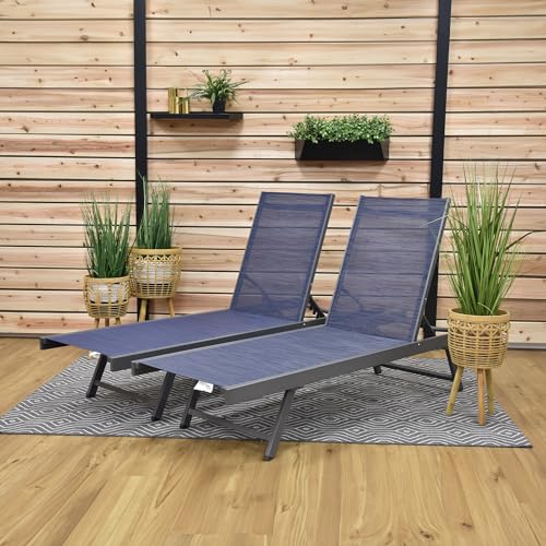 Image of Vivere Aluminum Urban Sun Lounger 2 Pack, Full Recline, Made with Premium Phifertex Outdoor Fabric - 265 lb Capacity (Navy)