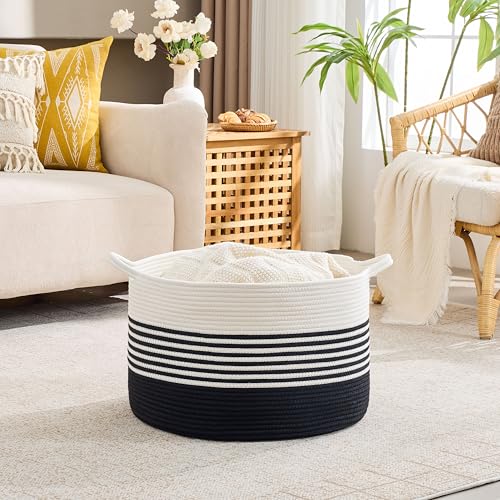 Image of KAKAMAY Cotton Rope Storage Basket (20 inchx13 inch),Woven Hamper for Blankets,Toys,Pillows,Clothes,Laundry,Sturdy Handles Decorative Basket for Living Room, Bedroom,Nursery(Black /Black Fringe)