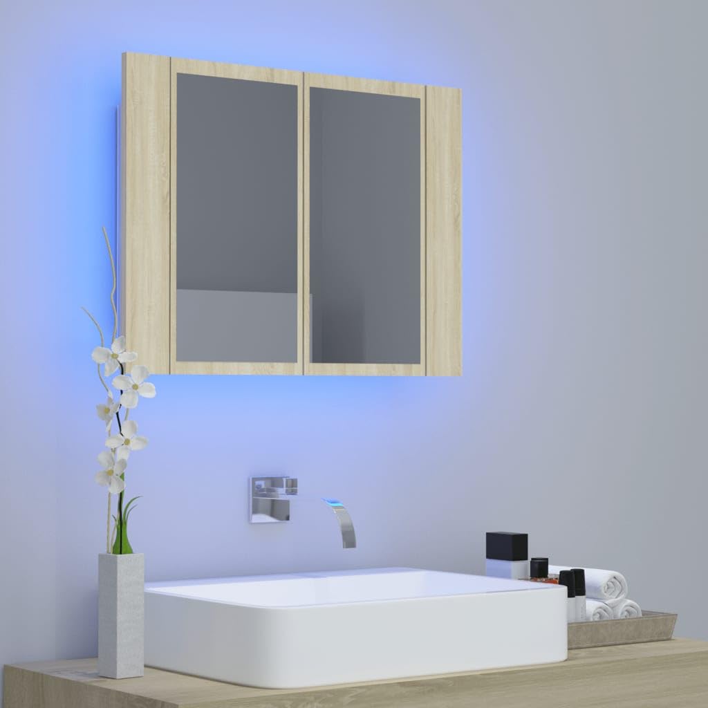 vidaXL Szafka łazienkowa z lustrem i LED, dąb sonoma, 60x12x45, akryl