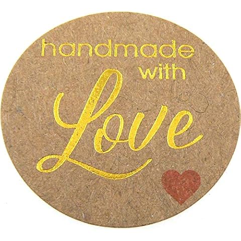 Gold Embossed Hand Made with Love Stickers Labels - 100 - Round - Self-Adhesive - Brown Cover