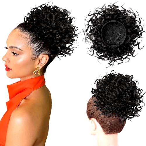 Messy Bun Hair Piece for Women Elastic Drawstring Short Curly Ponytail Extension High Temperature Synthetic Loose Wave Curly Hair Buns for Women Daily Party Use (Black)