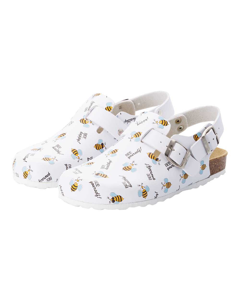 CLINIC DRESS Clog - Damen und Herren Clogs bunt weiß Motiv Biene. Unisex Schuhe für Krankenschwestern, Ärzte und Pflegekräfte. Bis Größe 46