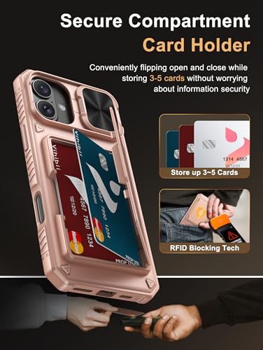 Image of Vihibii for iPhone 16 Plus Case Wallet with Card Holder (4 Cards) [RFID Blocking] & Slide Camera Cover, Military Grade Drop Protection, Rugged Back & Silicone Edge Phone Cover, 6.7 inch 2024, Rose Gold