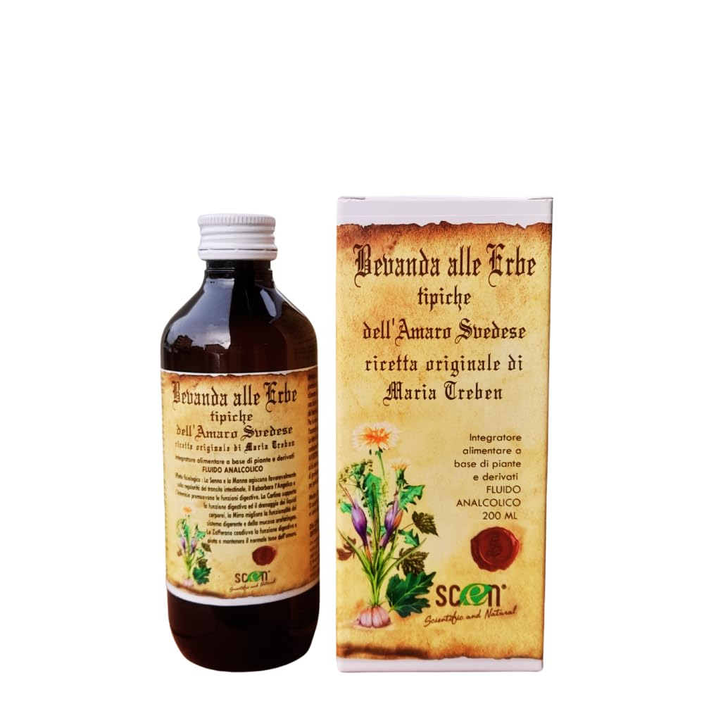 SCEN Amaro Svedese Maria Treben Originale Senza Alcool Preparato con Erbe Svedesi Naturali Efficace e Concentrato Diuretico Drenante per Gonfiore Addominale 200 ML Made in Italy