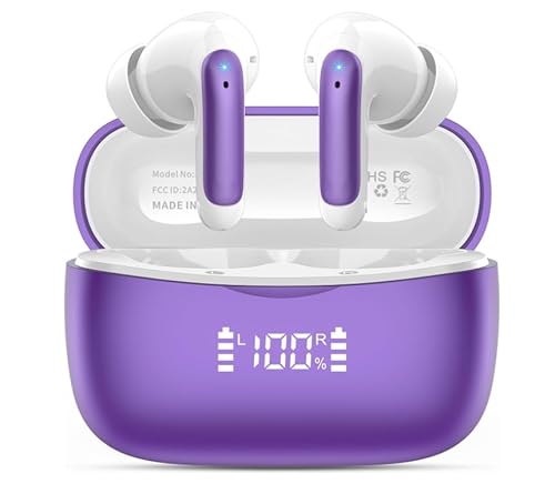WeurGhy Ecouteurs Bluetooth sans Fil, Casque Bluetooth 5.3 avec HiFi Basses Immersives, 56H Ecouteurs sans Fil avec 4 ENC Mic, Écran LED, Contrôle Tactile, (Violet)