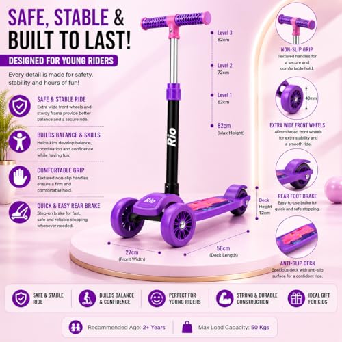 Image of MiniExplorer Rio Kids Kick Scooter for Boys & Girls 3-12 Years - Purple | Adjustable Height Foldable Scooter with Rear Brake & Anti-Slip Deck | 3 Wheel Outdoor Scooter for Kids
