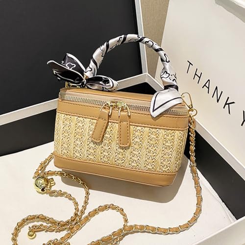 Bolso bandolera cuadrado para mujer de paja y cuero miniatura 3