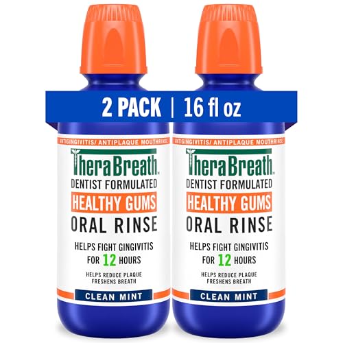 TheraBreath Healthy Gums Oral Rinse, Antigingivitis, Clean Mint Flavor, Dentist Formulated to Help Prevent Gingivitis and Support Gum Health, Alcohol Free, 16 Fl Oz (Pack of 2)