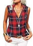 Veatzaer Women's Plaid Lapel Sleeveless Tank Tops Summer Button Down Shirts Office Ladies Shirts