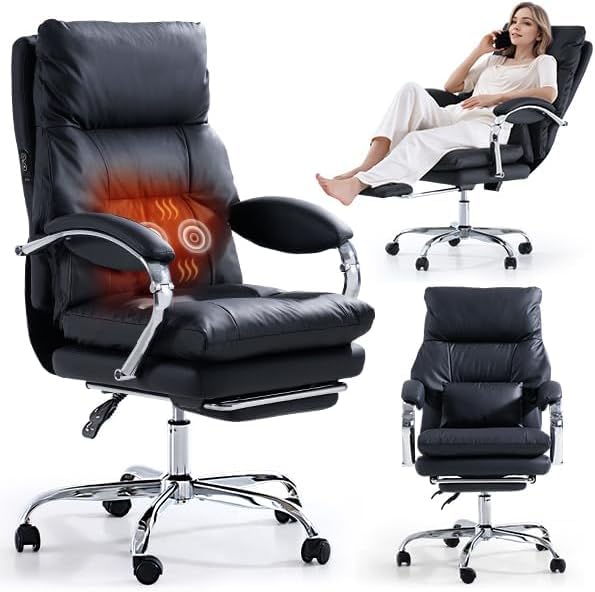 Image of LEAGOO Massage Office Chair with Foot Rest Home Office Heated Desk Chair | High Back Work Chair PU Leather Computer Chair with Lumbar Support Ergonomic Reclining Executive Chair for Home Office, Black